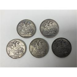 Five Queen Victoria crown coins, dated three 1889, 1897 and 1900 (5)