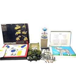 Meccano - Set No.5 box with part contents; quantity of unboxed sections from Combat Multikit with instruction book; modern German clockwork tin-plate model of aircraft flying around a globe, boxed; and other toys