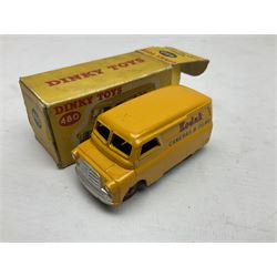 Dinky - Bedford 10cwt Van 'Kodak' No.480, boxed; and six unboxed and playworn models including Trojan Chivers Jellies van, loudspeaker van, Daimler Ambulance, N.C.B. Electric Van and two buses (7)