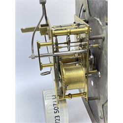 Late 18th century clock movement and dial, square brass dial with Arabic and Roman chapter ring signed 'Thos. (Thomas) Johnston, Dublin', with subsidiary seconds dial and calendar aperture, the dial set with ornate mask cast spandrels, twin train eight day movement striking on bell, with anchor escapement (34.5cm x 34.5cm, 13 1/2