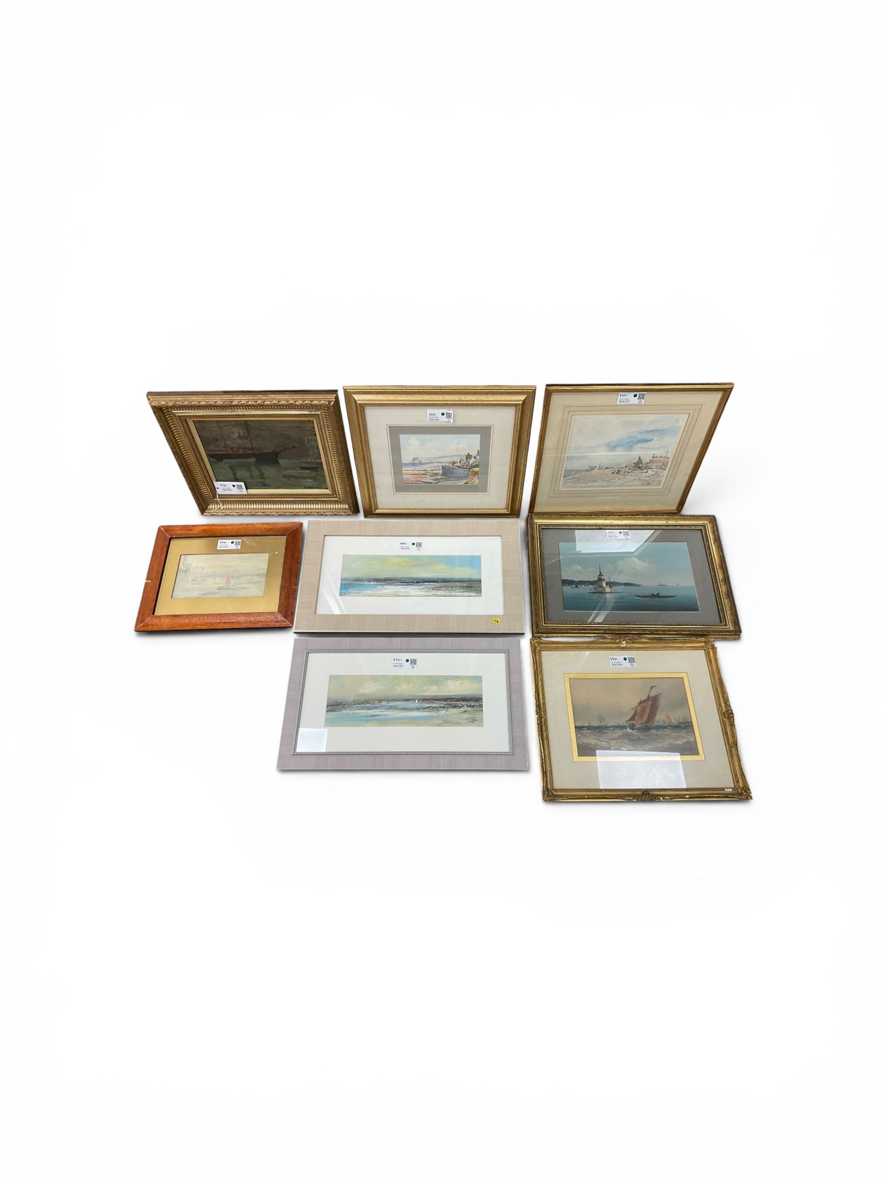Collection of 20th and 19th Century watercolours and oils depicting shipping and coastal scenes, to include Edward H Simpson (British 1901-1989): Robin Hood's Bay in Summer and D Morrisey (English School 19th/20th Century): Anchored Ship, variously signed titled and dated max 22cm x 30cm (8)