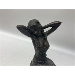 Art Deco style bronze figure of a lady seated on a stool, with foundry mark, H28cm