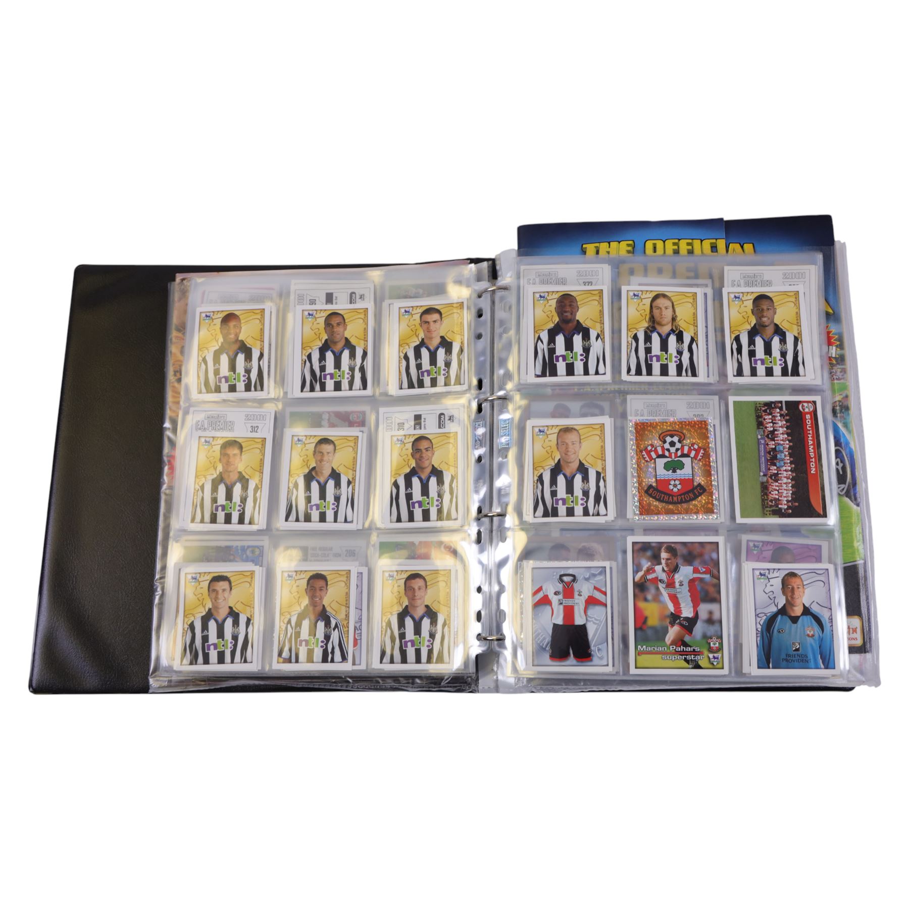 Collection of Football related stickers and albums, including Portugal Euro 2004 unused album and a collection of stickers,  Merlin The Official FA Premier League Sticker Collection 10th Edition 2003 unused album and stickers, Merlin The Official FA Premier League Sticker Collection 11th Edition 2004 unused album, Merlin The Official FA Premier League Sticker Collection 2001 unused album and stickers, Merlin The Official FA Premier League Sticker Collection 2002 unused album and stickers and Merlin's 2002 England unused album and stickers, housed in two folders