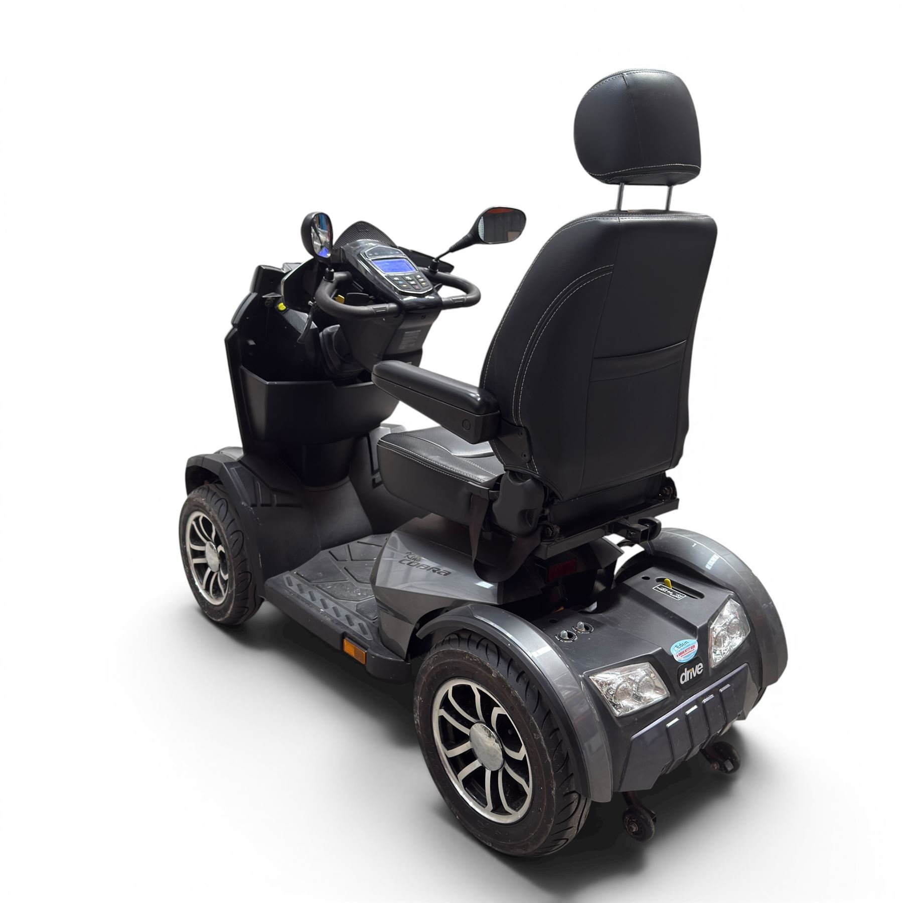Drive King Cobra  - mobility scooter, four wheel model with black seat and headrest, lights and grey bodywork, 800 miles.