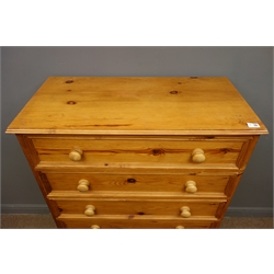  Polished pine chest, six drawers, shaped plinth base, W89, H123cm, D45cm  