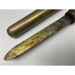 French Naval divers brass handled knife, the 20.5cm single edged steel blade held in place with wooden wedges, tapering ribbed grip with domed pommel and original screw-on scabbard with drain hole L38cm overall