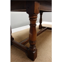  Medium oak refectory dining table, turned supports with stretcher base, 183cm x 80cm, H76cm   