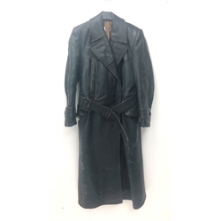  German Third Reich style leather trench coat, three breast pockets with Opti zips, side pockets with flaps, rear vent with buttons, elasticated inner cuffs, part quilted lining, size small/medium  
