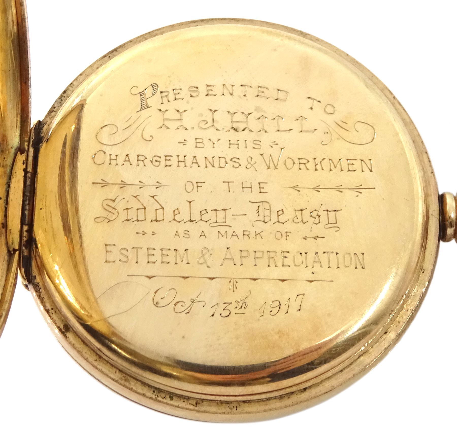 9ct gold full hunter keyless lever presentation pocket watch by R.Gilbert & Sons Ltd 'Makers to the Admiralty', Coventry & Barrow, No. 191951, white enamel dial with Roman numerals and subsidiary seconds dial, case by Dennison, Birmingham 1915