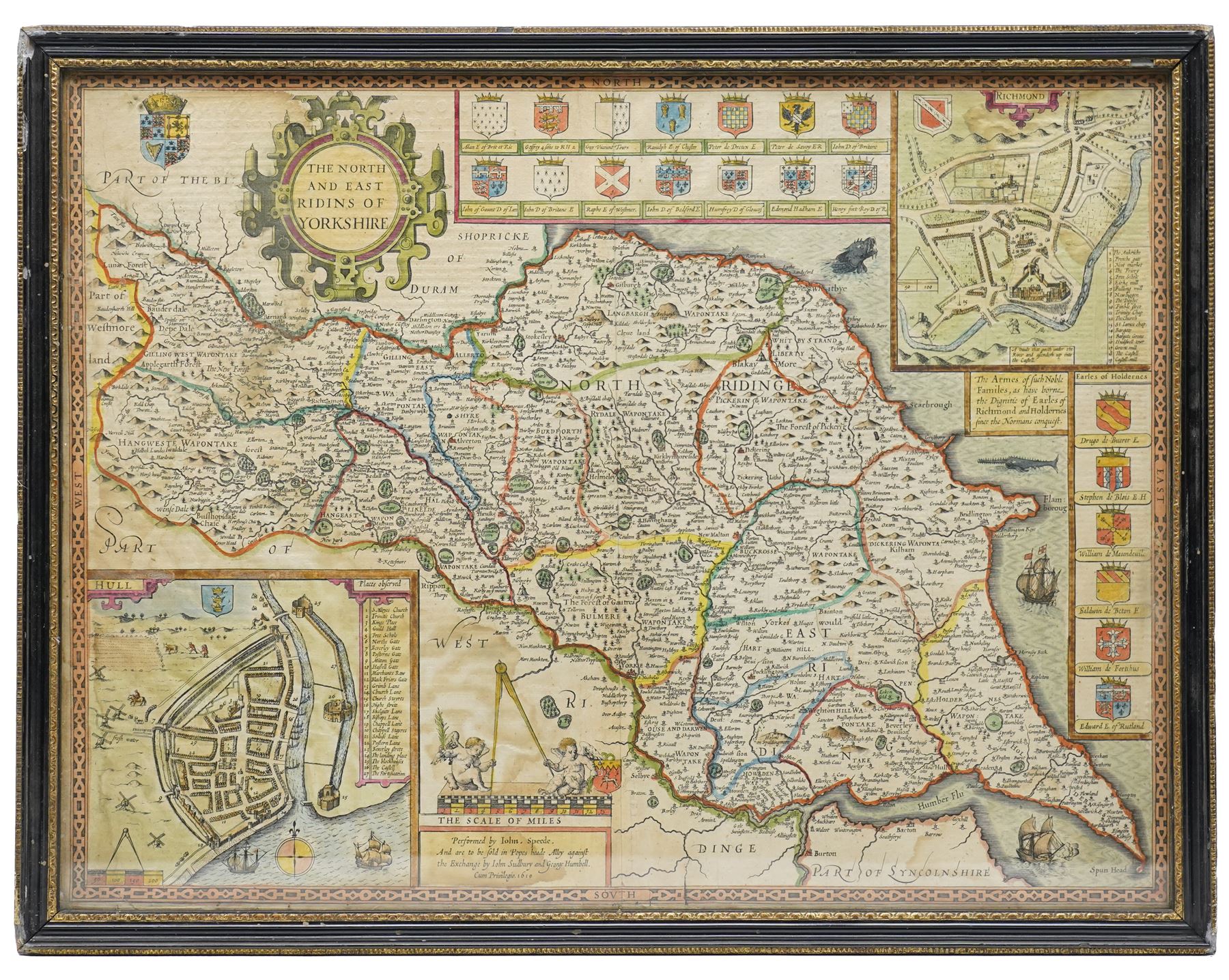 John Speed (British 1552-1629): 'The North and East Ridings of Yorkshire', 17th century engraved map with hand-colouring with inset plans of Richmond and Hull and numerous armorials, Latin text verso pub. by John Sudbury & George Humble c.1611-1616, 40cm x 52cm