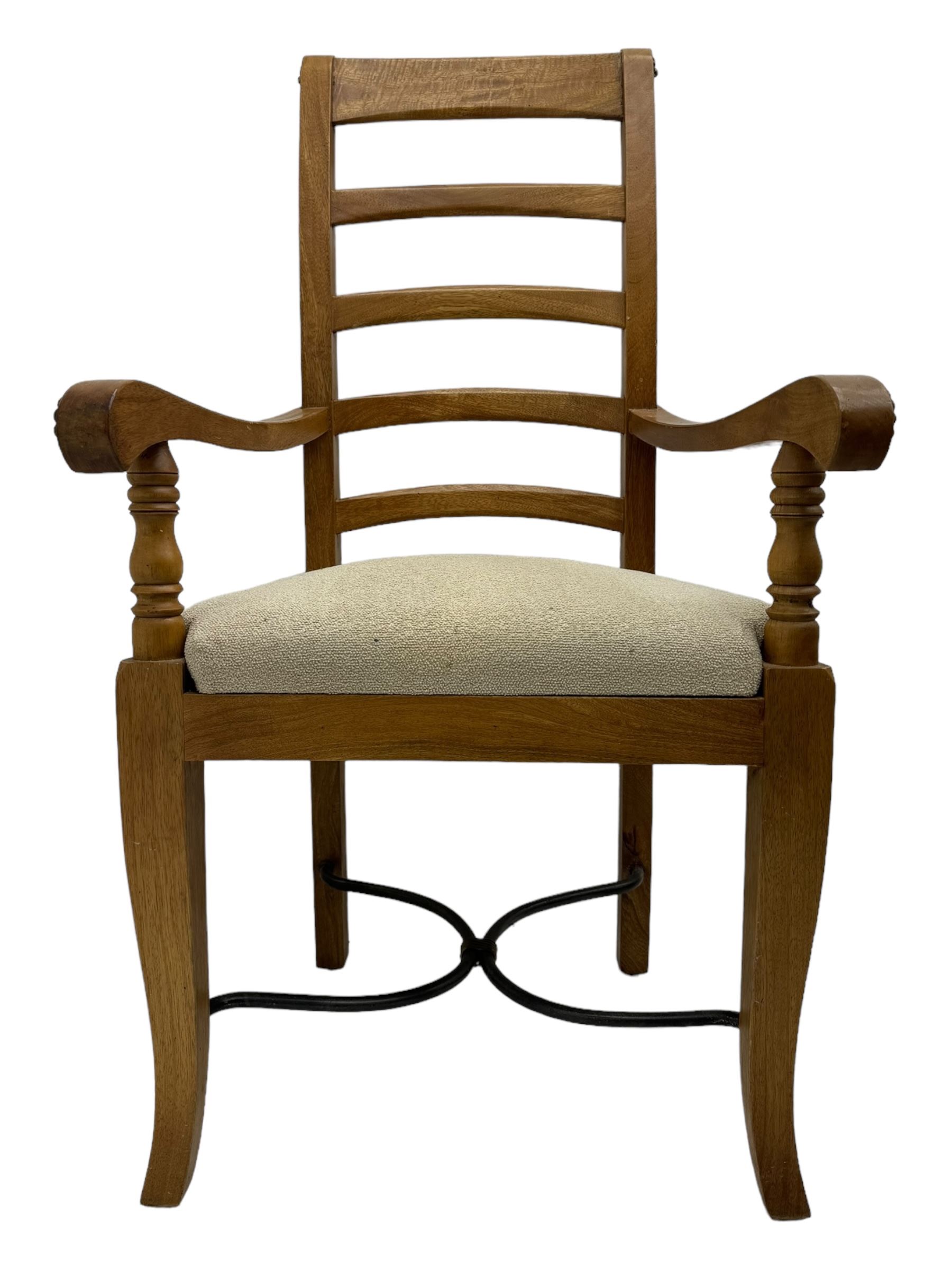 Barker & Stonehouse 'Flagstone' range mango wood dining table, fluted rectangular top with marquetry inlay, raised on turned supports connected by fluted H-stretcher; six (4+2) slatted-back chairs with beige upholstered seats H112cm 