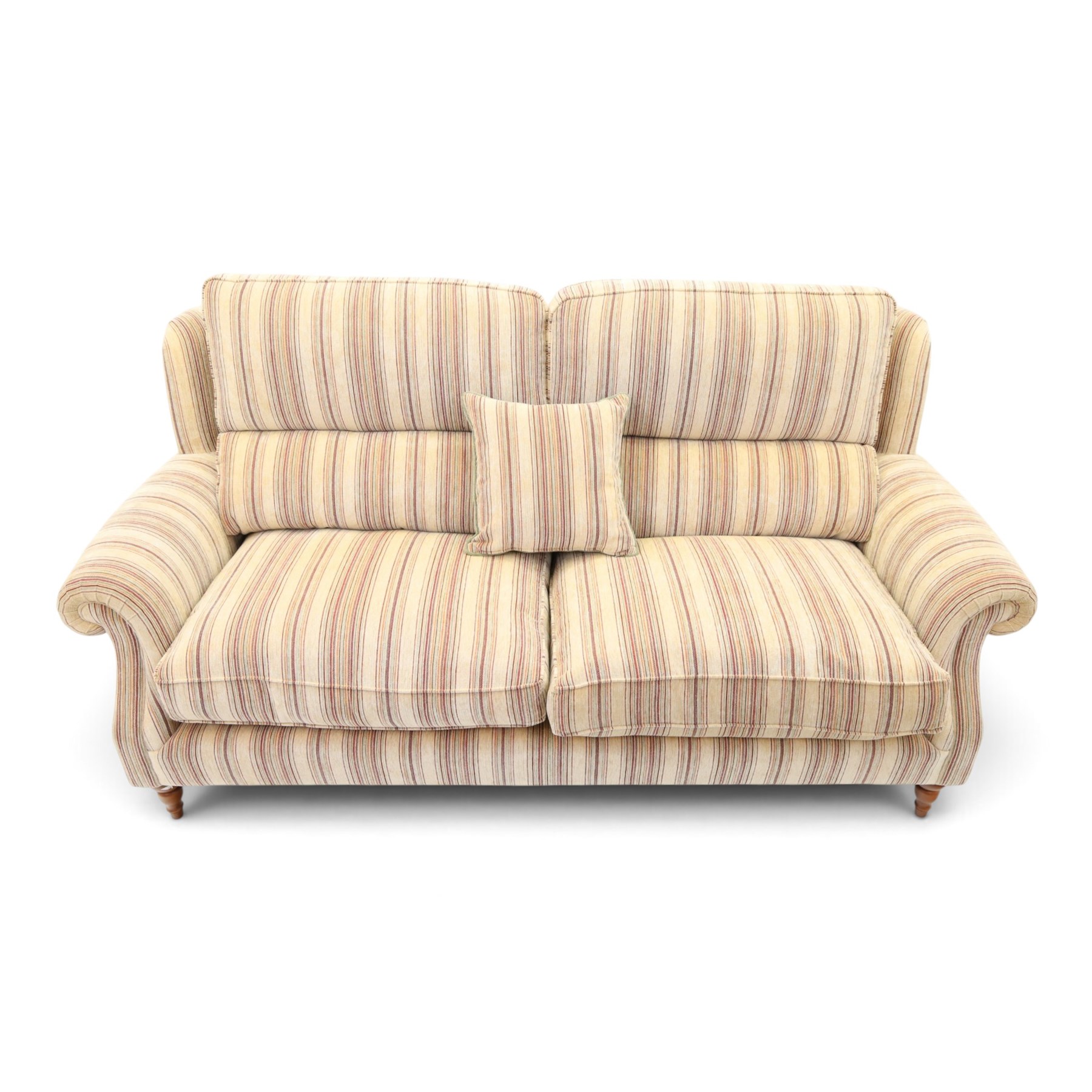 Parker Knoll - contemporary 'Henley' lounge suite comprising grande two seat sofa and wingback armchair, traditional wing shape over rolled arms and turned feet, upholstered in striped fabric