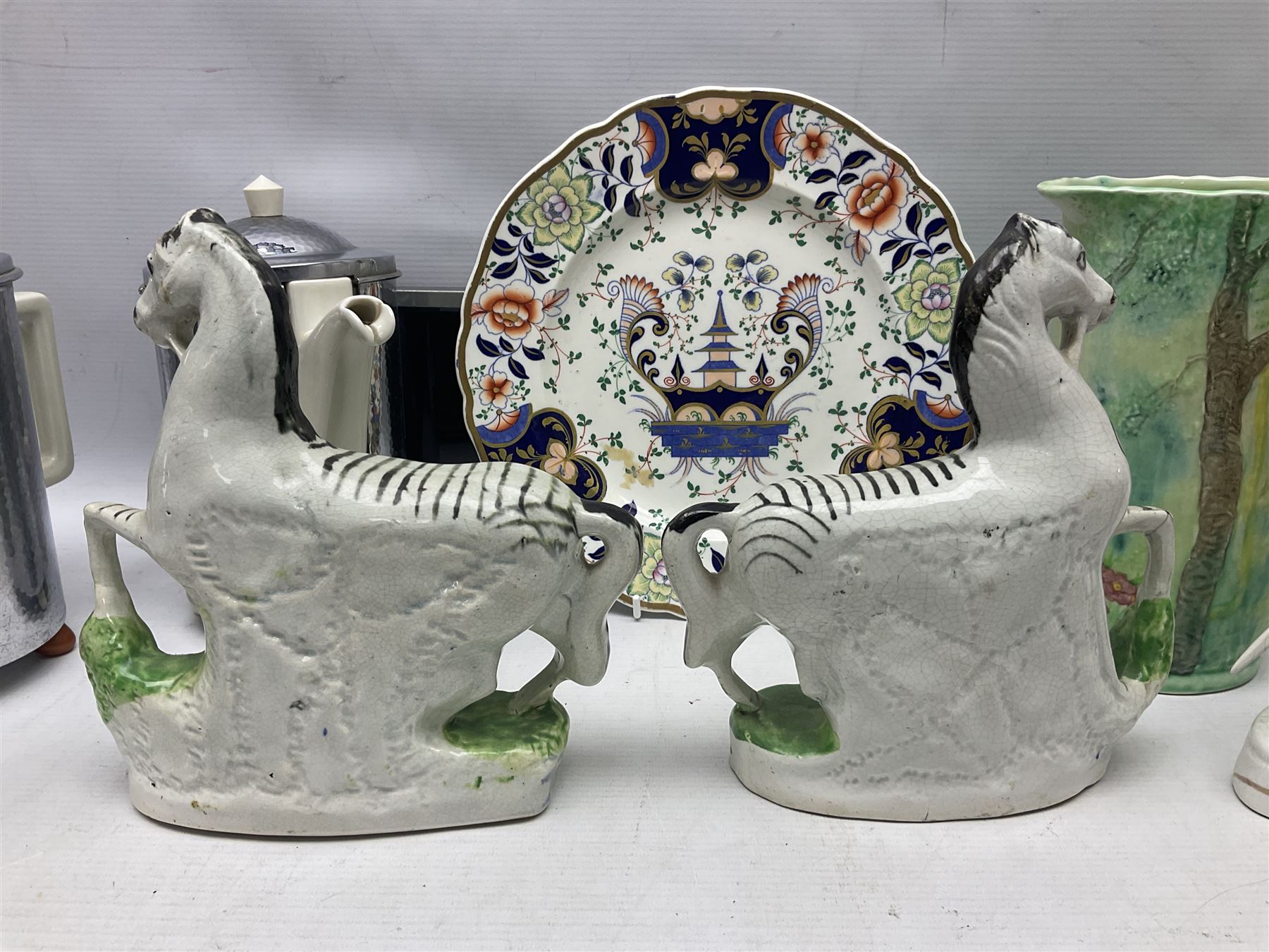 Stayhot teapot and coffee pot, with silver plate clad ceramic bodies, together with another similar coffee pot, jug and sucrier, Staffordshire style flatback figures comprising pair of zebras and cavalier type figure, Melba Ware woodland jug etc