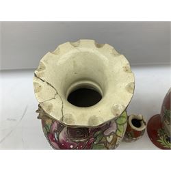 Mid-late 20th century French vase of baluster form, with applied floral decoration and gilding, and twin handles, with impressed mark beneath, H55cm, together with Pair of Japanese satsuma vases of baluster form, with twin handles and polychrome decoration depicting Samurai warriors, and another smaller vase, largest H39.5cm