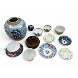 Chinese blue and white ginger jar, together with other Oriental ceramics including teacup ...