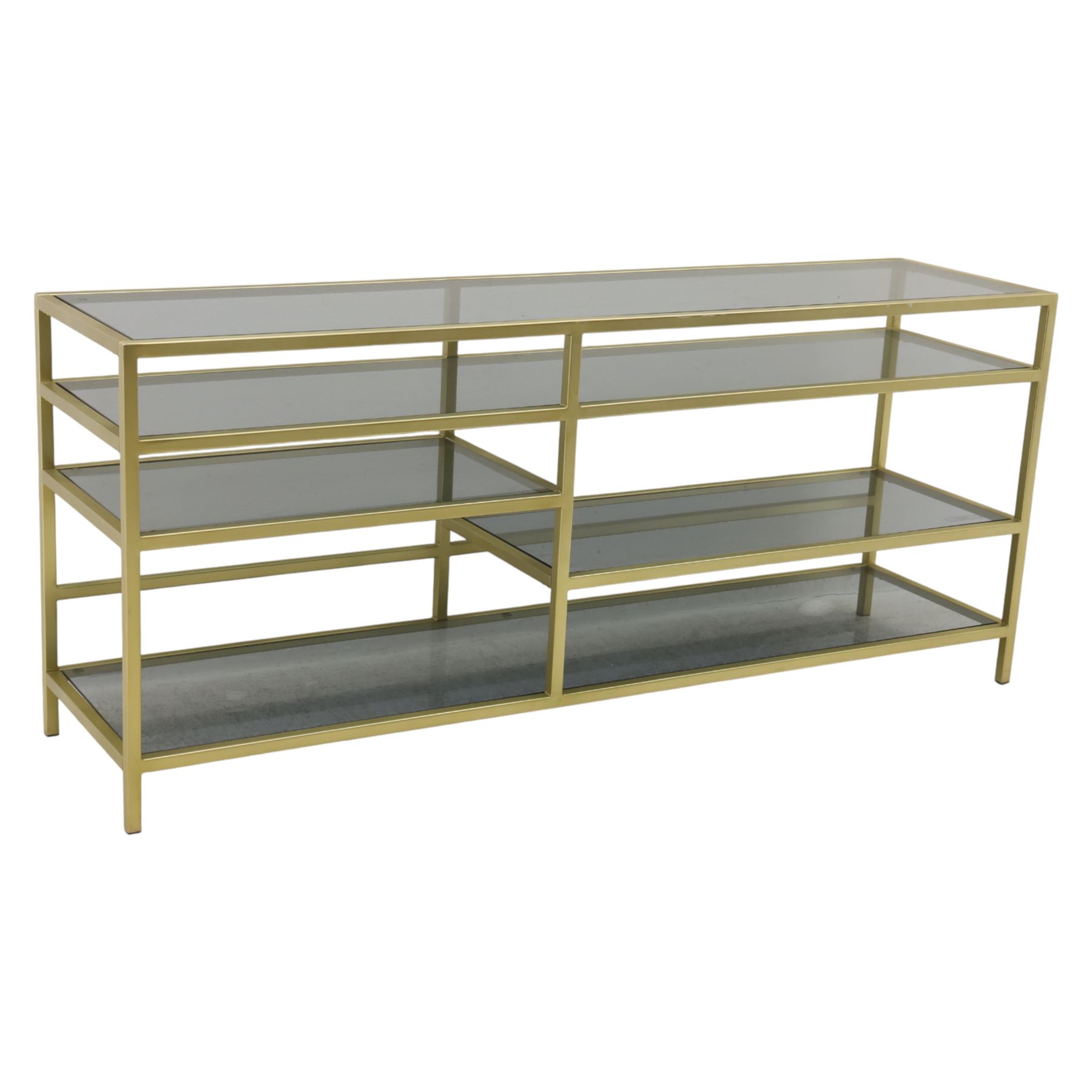 Modern glass and gilt metal media stand, rectangular smoked glass top panel set within a gilt finished metal surround, raised on square section legs, the underside fitted with a full-width glass shelf