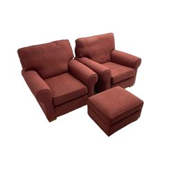 Multiyork - traditional three seat sofa upholstered in claret red fabric (W200cm H80cm); and pair matching armchairs (W103cm) 