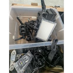 Collection of photography equipment, including flashes, hoods, filters, telephoto lens, bags, etc