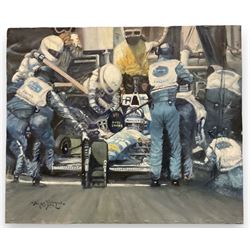 James Lishman (British 1931-2024): 'Pit Stop - Damon Hill World Formula 1 Champion 1996' and 'Rounding the Horn', two oils on canvas signed, titled and dated '97 verso 66cm x 79cm (2) (unframed)
