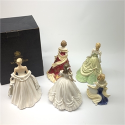 A group of five Royal Worcester figurines, comprising limited edition Grace Kelly 911/12500, Anniversary Figurine of the Year 2000, Southern Belle Scarlett, Southern Belle Melanie with box, and New Dawn. (5). 