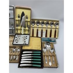 Silver plated boxed set of six teaspoons with sugar tongs, boxed set of silver plated cake forks with cake servers, and a quantity of other silver plate and stainless steel cased and loose cutlery etc