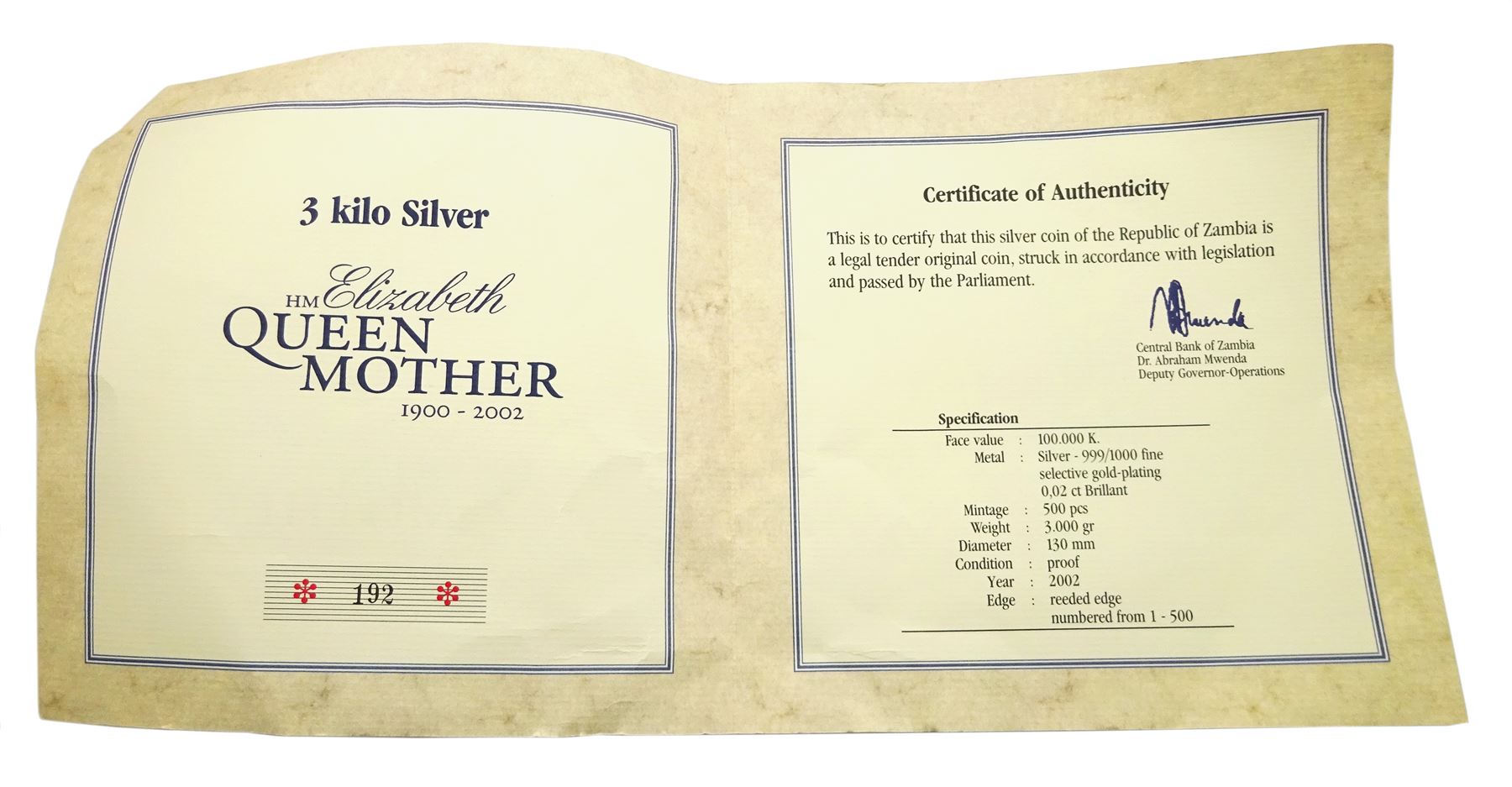 Queen Elizabeth II 2002 Bank of Zambia 3000 grams fine silver proof coin, housed in a capsule with certificate and bag