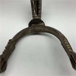 Pair of South American gaucho steel and brass spurs with twenty-two spike heel rowels, possibly Chilean L23cm