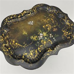 Victorian papier-mâché folding table, black lacquered with gilt floral decoration and inlaid with mother of pearl