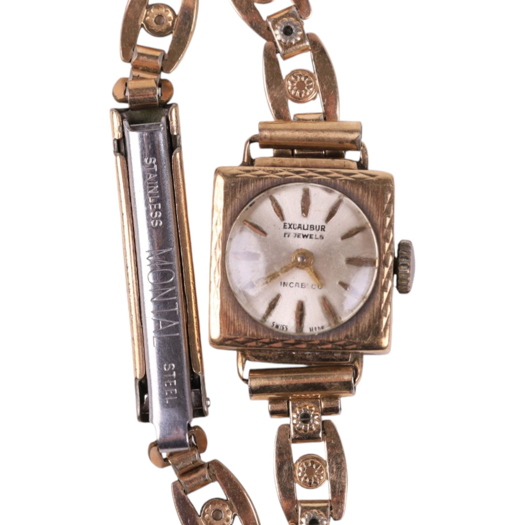Two 9ct gold cased ladies wristwatches, comprising Excalibur on a gilt metal strap and one on a leather strap