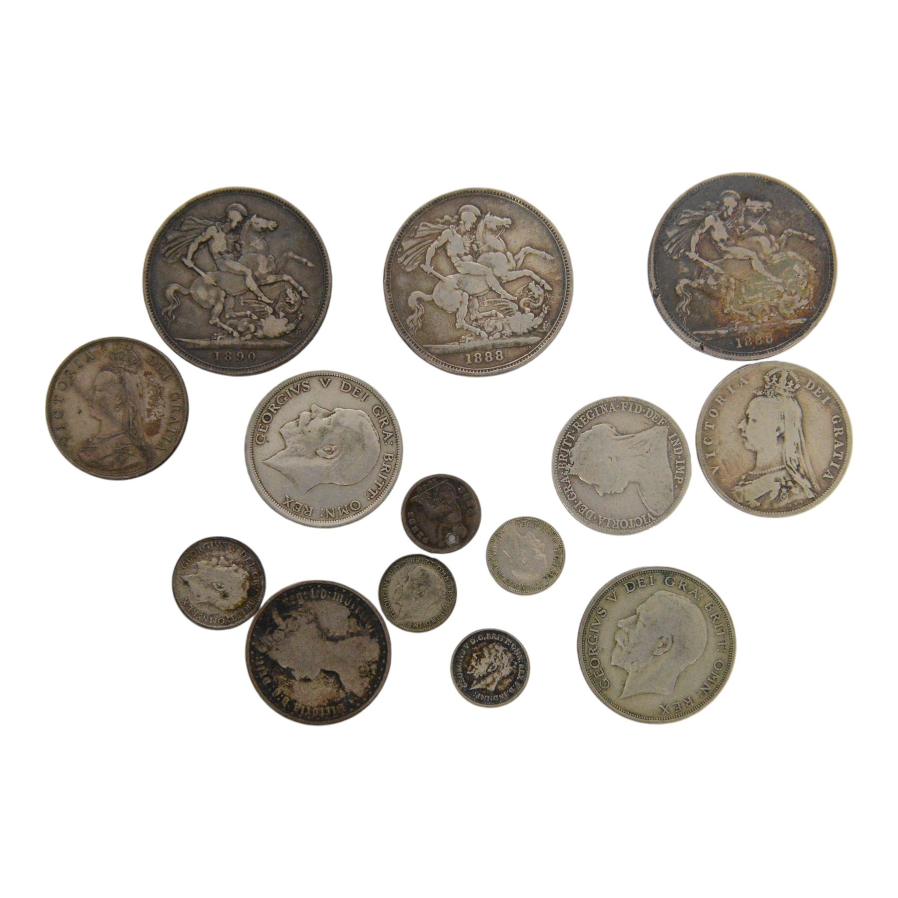 Three Queen Victoria silver crown coins, 1888 (2) and 1890, together with approximately 65 grams of Great British pre-1920 and approximately 18 grams of Great British pre-1947 silver coins