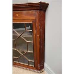 Edwardian inlaid mahogany corner cupboard, projecting cornice, astragal glazed door enclosing two shelves, W61cm, H82cm, D36cm  