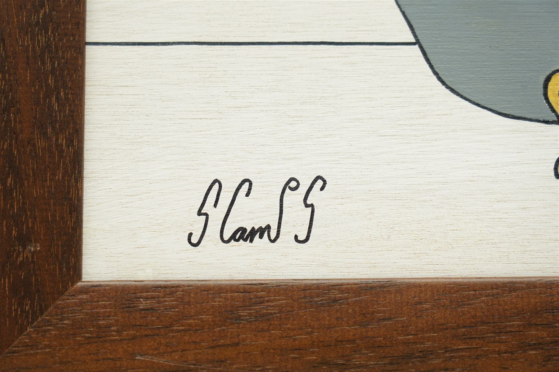 Steve Camps (Cornish 1957-): 'Burts Bathtime with Sid Looking On', oil on panel signed, dated 2024 verso 34cm x 44cm
Notes: Cornish artist Steve Camps, a retired builder turned painter in 2023, creates charming naïve-style whale paintings framed in antique finds, quickly gaining acclaim and commanding high prices through Sailors Jail Gallery in Falmouth