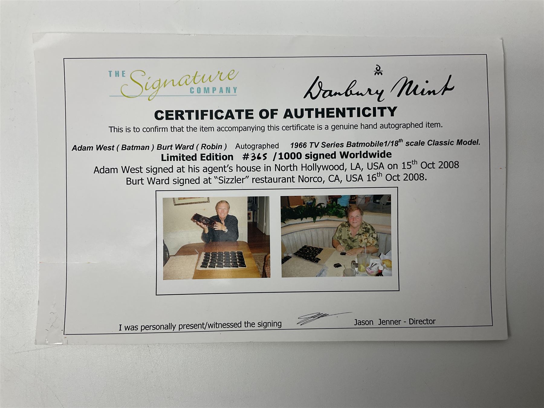 Hot Wheels 1:18 scale ‘1966 TV Series Batmobile’ signed by Adam West and Burt Ward, no. 365/1000, with original box and certificate of authenticity