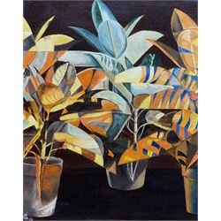 W L Gillborn (New Zealand 20th century): 'Malaysian Croton Plants - Abstract Study', oil on canvas laid on board signed with monogram and dated '96, titled verso 26cm x 20cm 
