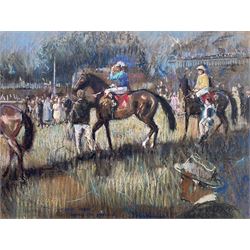 John Hatfield (British 1933-): 'The Gimcrack Stakes - Leaving the Paddock' York Races, oil and oil pastel signed and titled, artist's York address label verso 37cm x 50cm