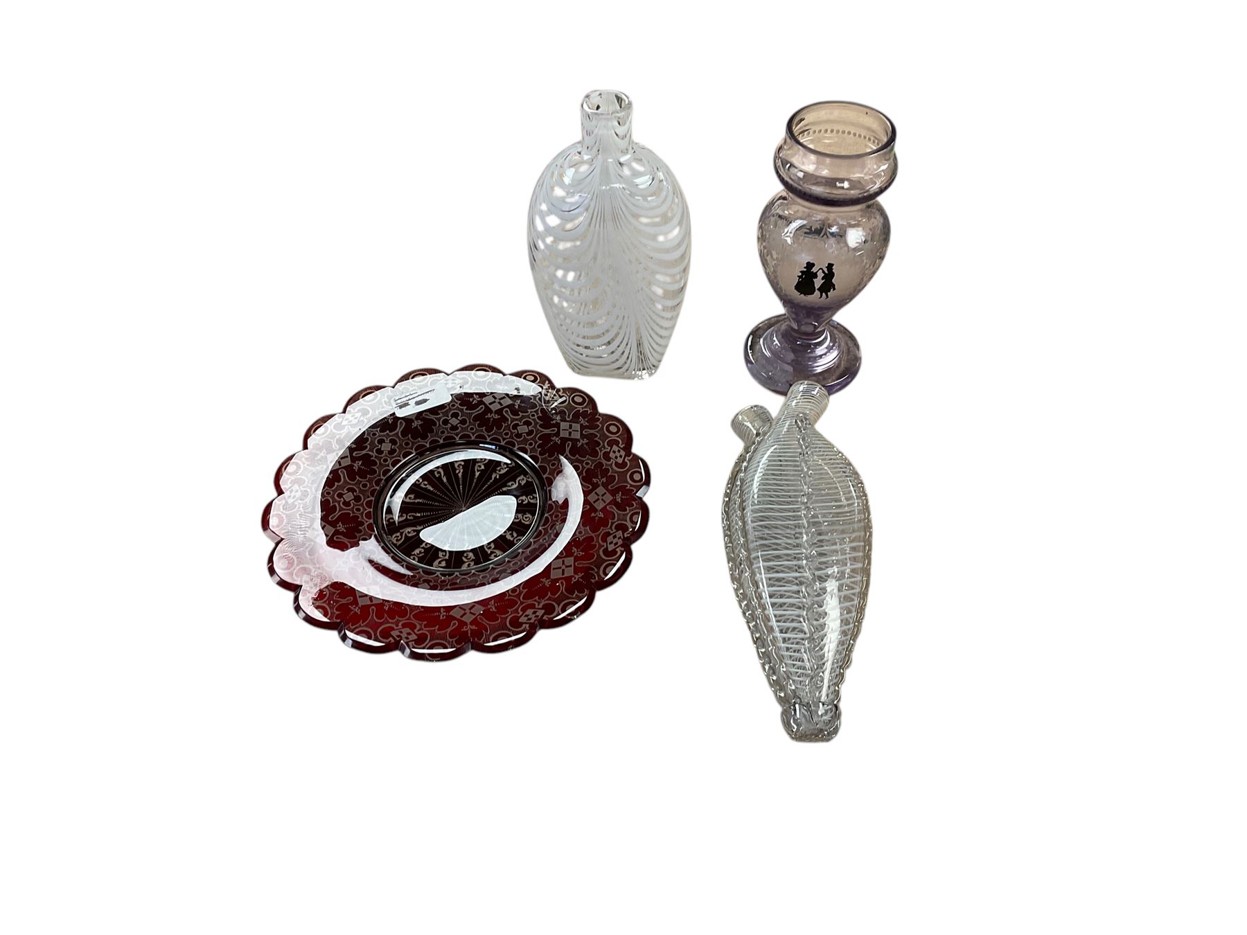 Victorian Nailsea glass flask, together with gimmel flask togehter with Bohemian plate and hyacinth vase 