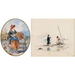 Manner of Henry Edrington Hobson (British 1820-1881): Woman Gathering Kindling, gouache un...