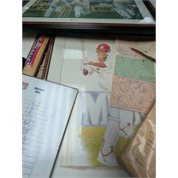 Collection of signed International cricket memorabilia, mostly relating to West Indies, including Curtly Ambrose and Brian Lara prints, Shane Warne and Glen McGrath last test souvenirs, signed Zimbabwe 2003 tour cricket bat, etc