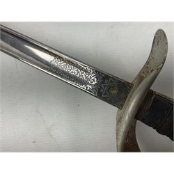 George V 1897 pattern Army Officer's sword by Henry Wilkinson Pall Mall London, the 82.5cm 'London Made' blade etched to both sides with Royal Crests and cyphers etc, pierced half-basket hilt with wire-bound fish skin grip and remains of leather knot strap; in leather covered field service scabbard L101cm overall; and two 14th Prince of Wales Own swagger sticks (3)