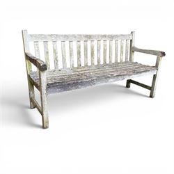 Weathered teak garden bench, slatted seat and back, square form arms and legs