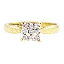 18ct gold pave set round brilliant cut diamond square cluster ring, hallmarked