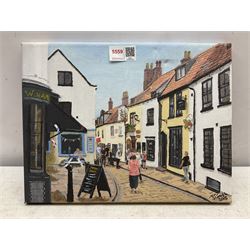 M J Smith (Northern British contemporary): Whitby from Church Street, oil on canvas signed and date 2015, 23cm x 30cm