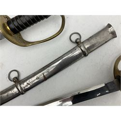 Reproduction American Civil War Cavalry trooper's sword, the 88cm slightly curving fullered steel blade marked to the ricasso 'Ames & Co Chicopee Mass.' and 'US ADK 1862'; brass hilt and leather covered grip; in steel scabbard L110cm overall;  and another reproduction sword (2)