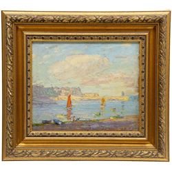 John William Howey (Staithes Group 1873-1938): 'Evening - Hartlepool Harbour', oil on panel signed, titled verso 24cm x 29cm Provenance: David Duggleby Ltd. 8th December 2023, Lot 129; private collection, purchased T B & R Jordan Fine Art Specialists, Stockton on Tees; the Jordans were responsible for dispersing the estate of Robert Leslie Howey (1900-1981), the artist's son. A fine example of English Impressionism, exemplifying the Staithes Group's French influence
