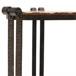 Art Nouveau wrought metal and specimen marble two-tier occasional table, the triangular marble top raised on strap metal uprights with scroll capitals, the under-tier with raised Vitruvian scroll design gallery