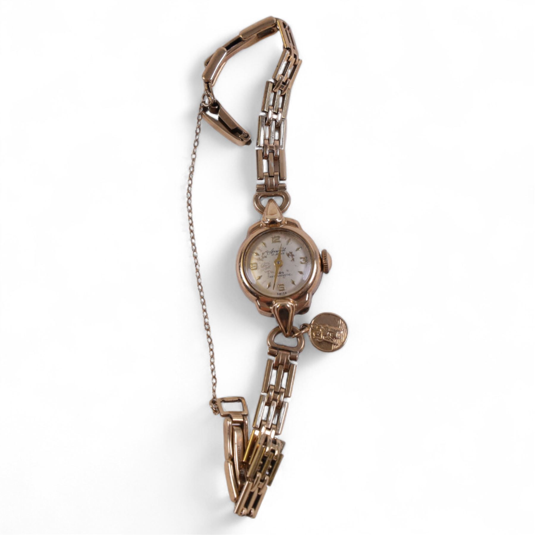 Accurist ladies 9ct gold manual wind wristwatch, on 9ct gold bracelet, hallmarked