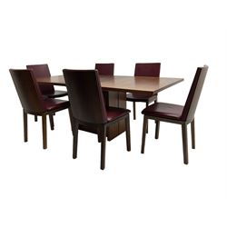 Skovby - Danish teak extending dining table, rectangular top on pedestal base (W146cm D99cm H92cm); Skovby - set six Danish stained beech dining chairs, back and seat upholstered in oxblood faux leather (W47cm H90cm)