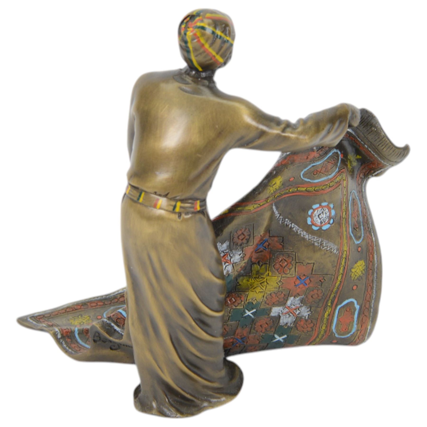 After Franz Bergmann bronzed sculpture of a carpet seller, with colourful painted highlights throughout, H19cm
