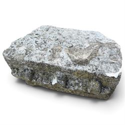 Two 18th century carved sandstone architectural elements, comprising a substantial square pedestal block with recessed panelled facias (W42cm H45cm); and a frieze fragment carved in relief with three stylised flowerheads and an undulating foliate stem (W30cm H18cm)