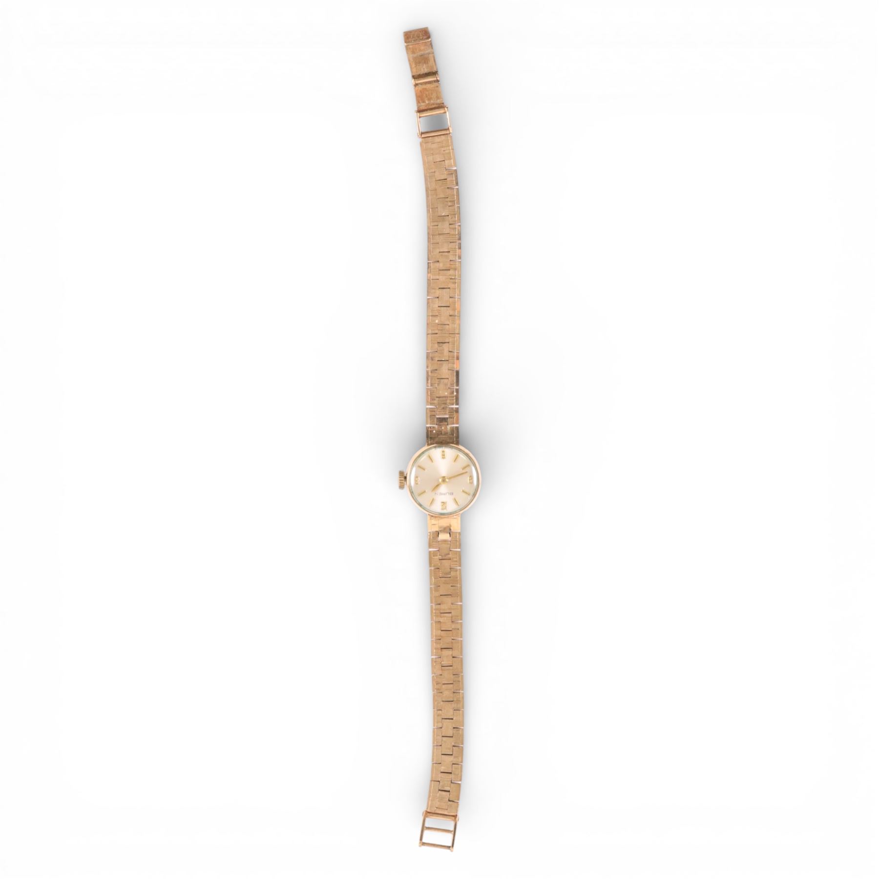 Buren ladies 9ct gold manual wind presentation wristwatch, on integral 9ct gold bracelet strap, hallmarked